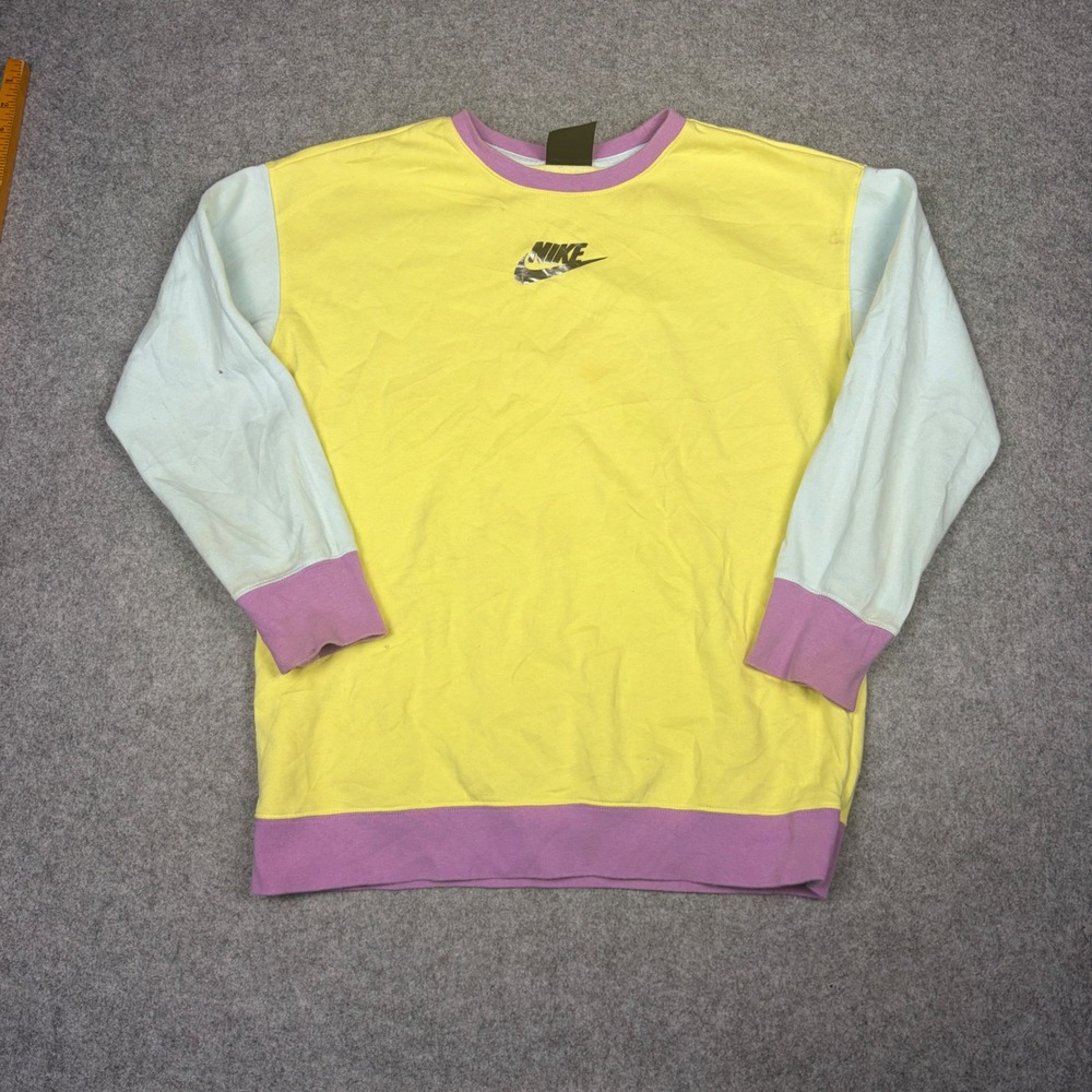 Nike Sweatshirt XL Yellow Colorblock Pastel Crewneck Metallic Logo Pullover